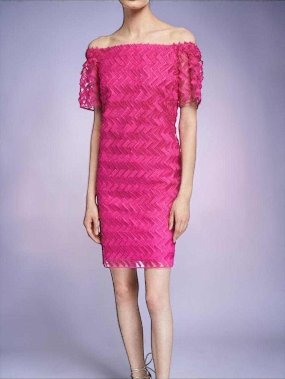 Trina Turk Hot Pink Seaway ZigZag Eyelash Off The Shoulder Dress Size 10
